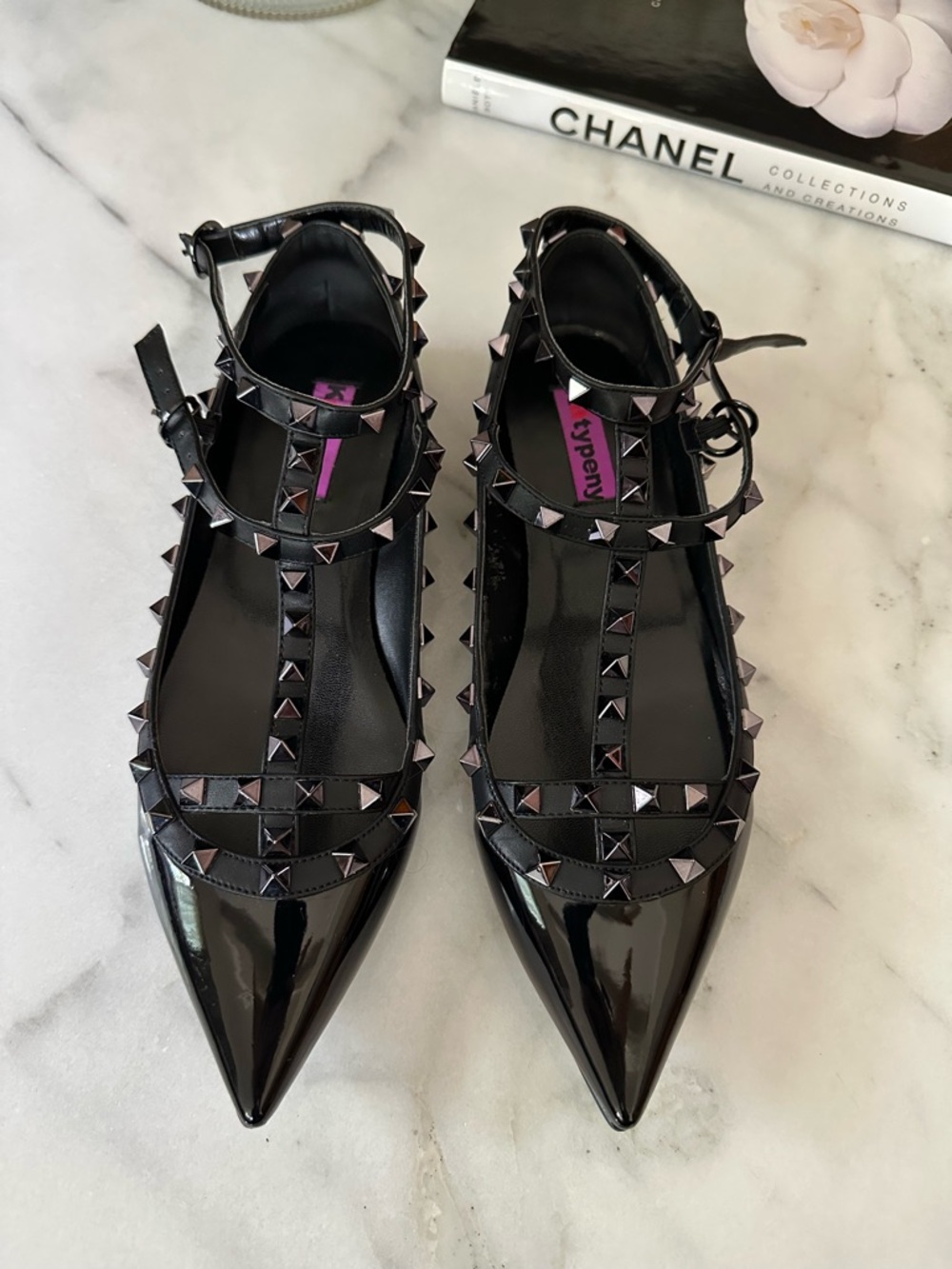 Black Studded Patent Pointed-Toe T-Strap Flats